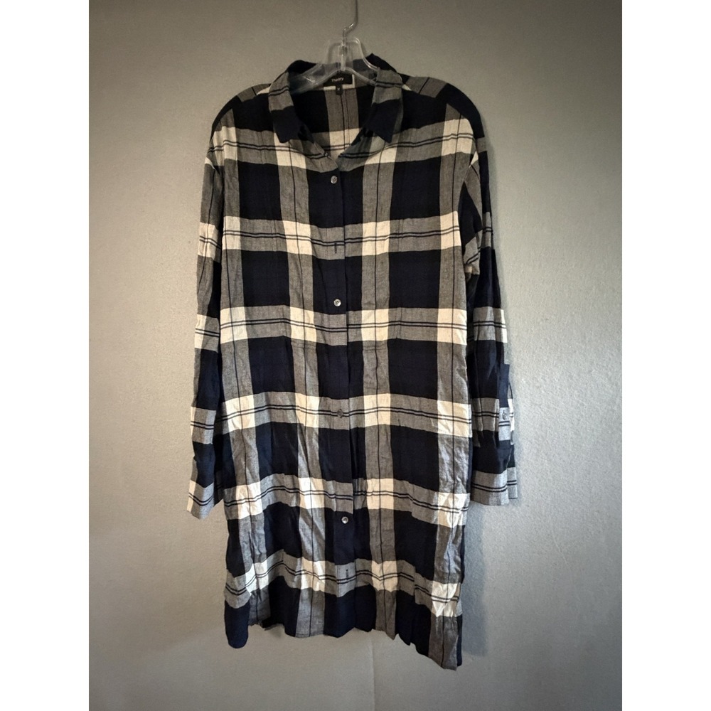 Theory Dress Womens M Blue Plaid Collared Button Front Shirt Knee Length Pockets